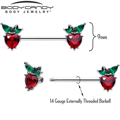 14G 9/16 Red Green Gem Strawberry Heart Barbell Nipple Ring Set