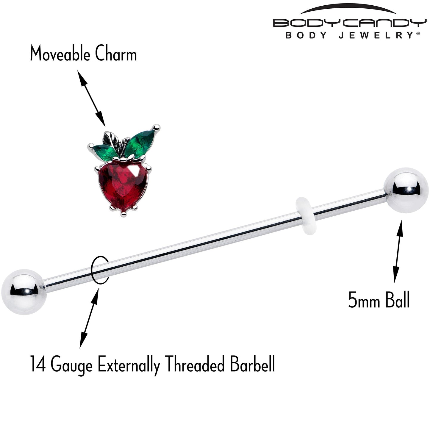 14G Red Green Gem Strawberry Heart Industrial Barbell 38mm