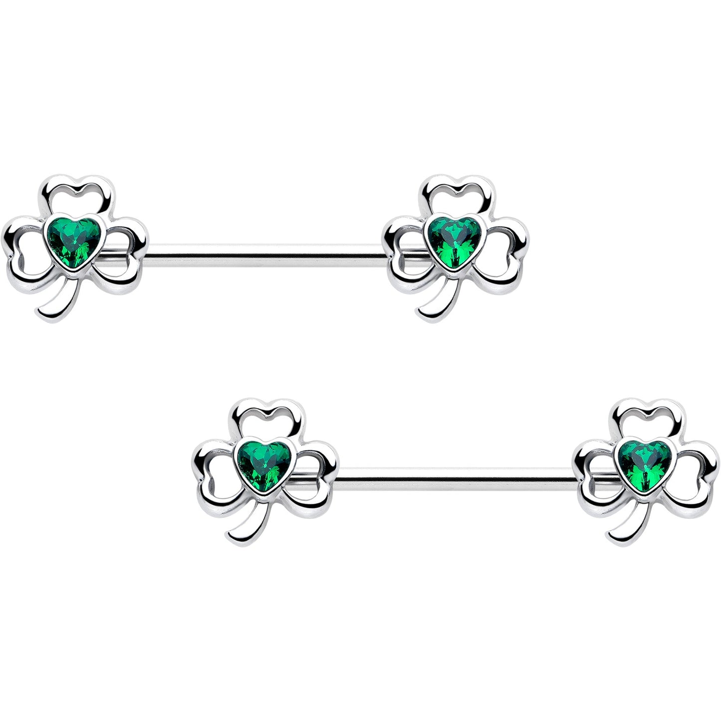 14G 3/4 Green Gem Heart Shamrock St Patricks Nipple Ring Set