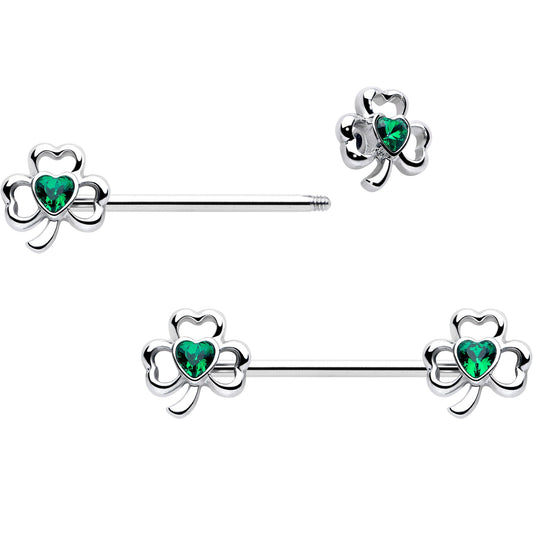 14G 3/4 Green Gem Heart Shamrock St Patricks Nipple Ring Set