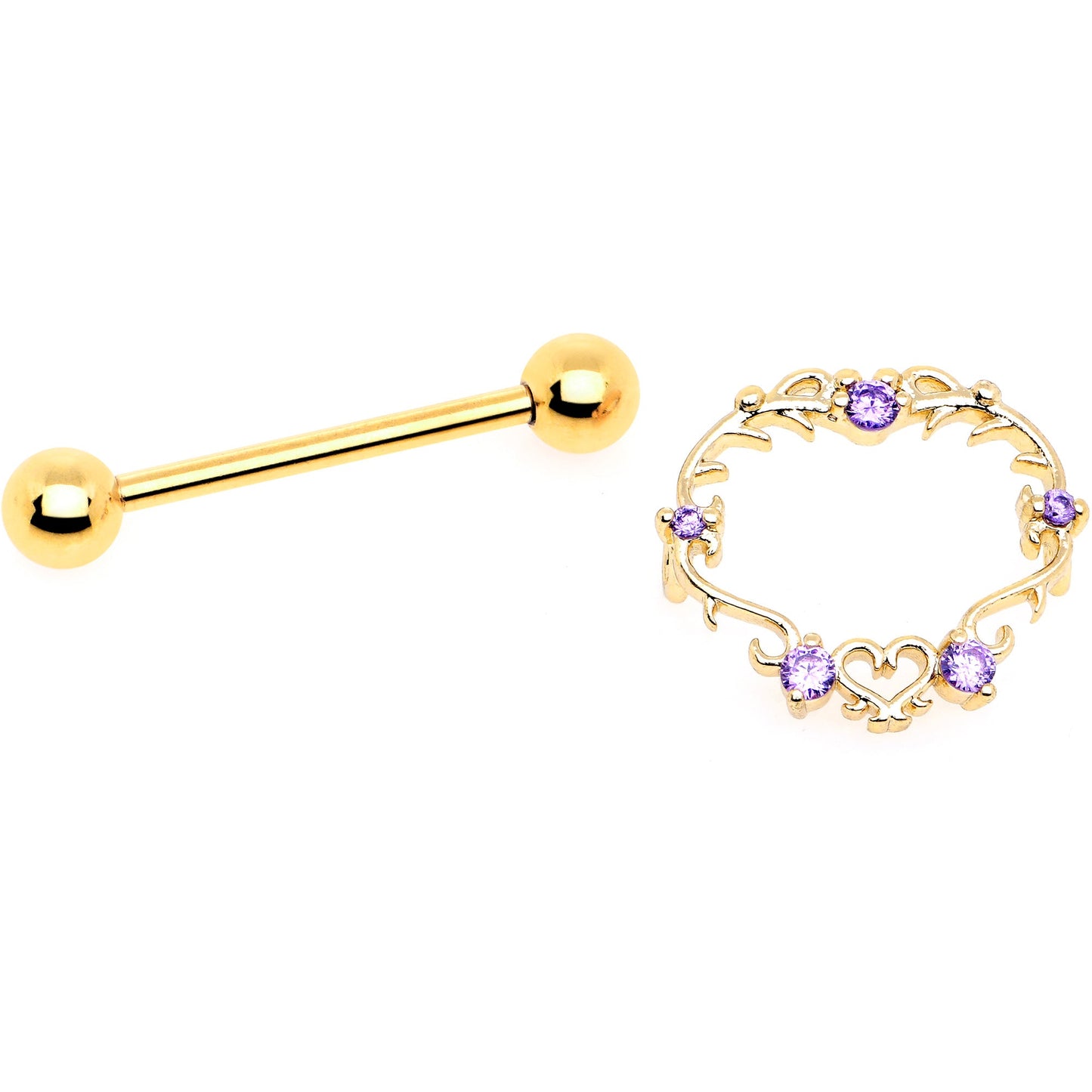 14G 9/16 Purple CZ Gem Gold Tone Heart Filigree Nipple Shield Set