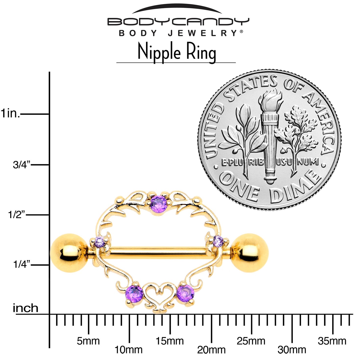 14G 9/16 Purple CZ Gem Gold Tone Heart Filigree Nipple Shield Set