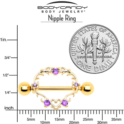 14G 9/16 Purple CZ Gem Gold Tone Heart Filigree Nipple Shield Set