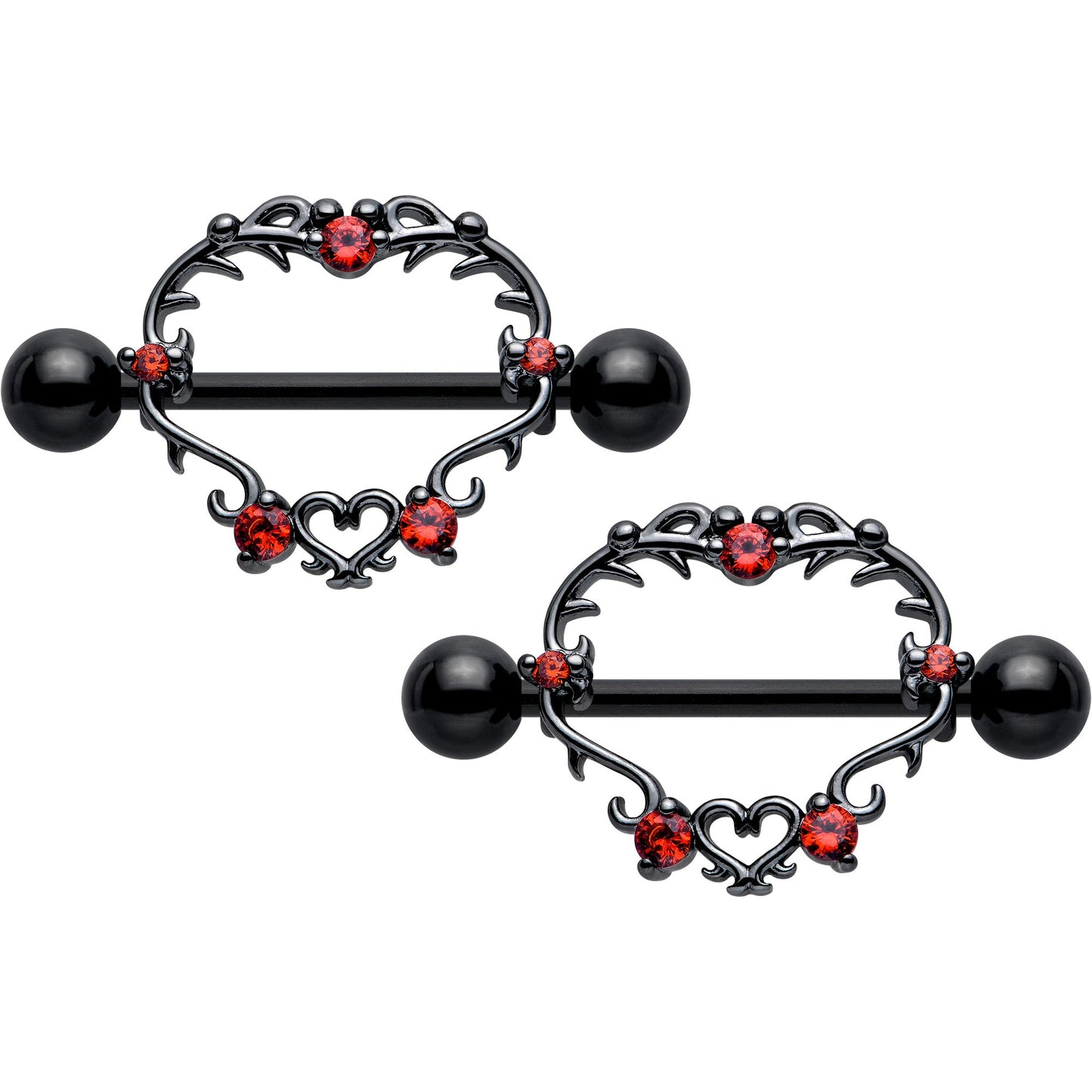 14G 9/16 Red CZ Gem Black Leafy Heart Nipple Shield Set