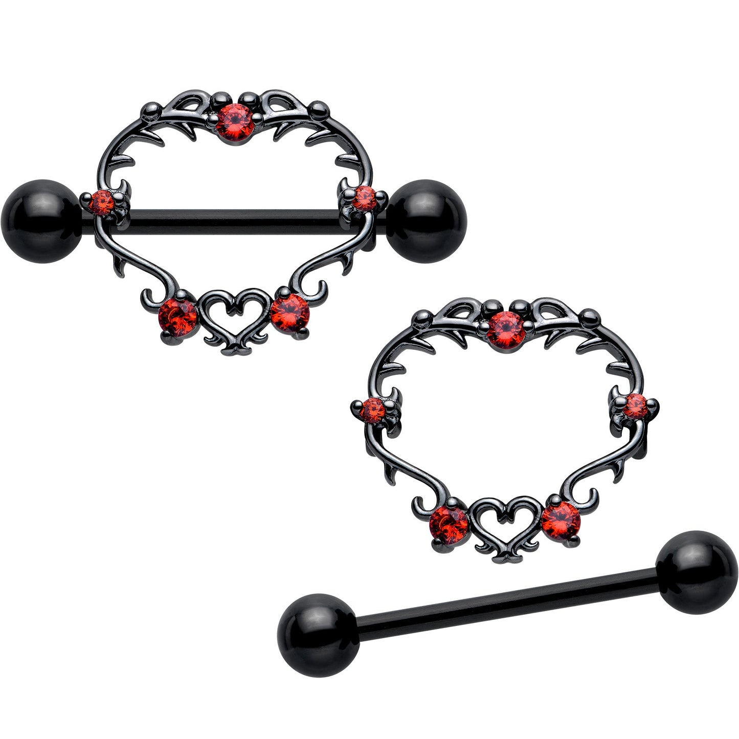 14G 9/16 Red CZ Gem Black Leafy Heart Nipple Shield Set