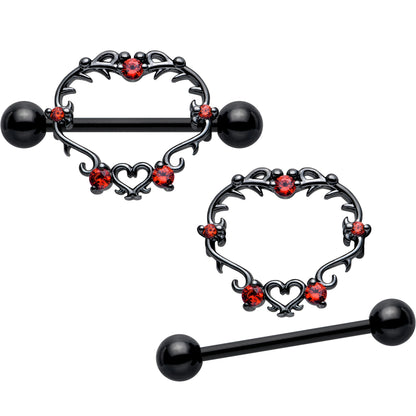 14G 9/16 Red CZ Gem Black Leafy Heart Nipple Shield Set