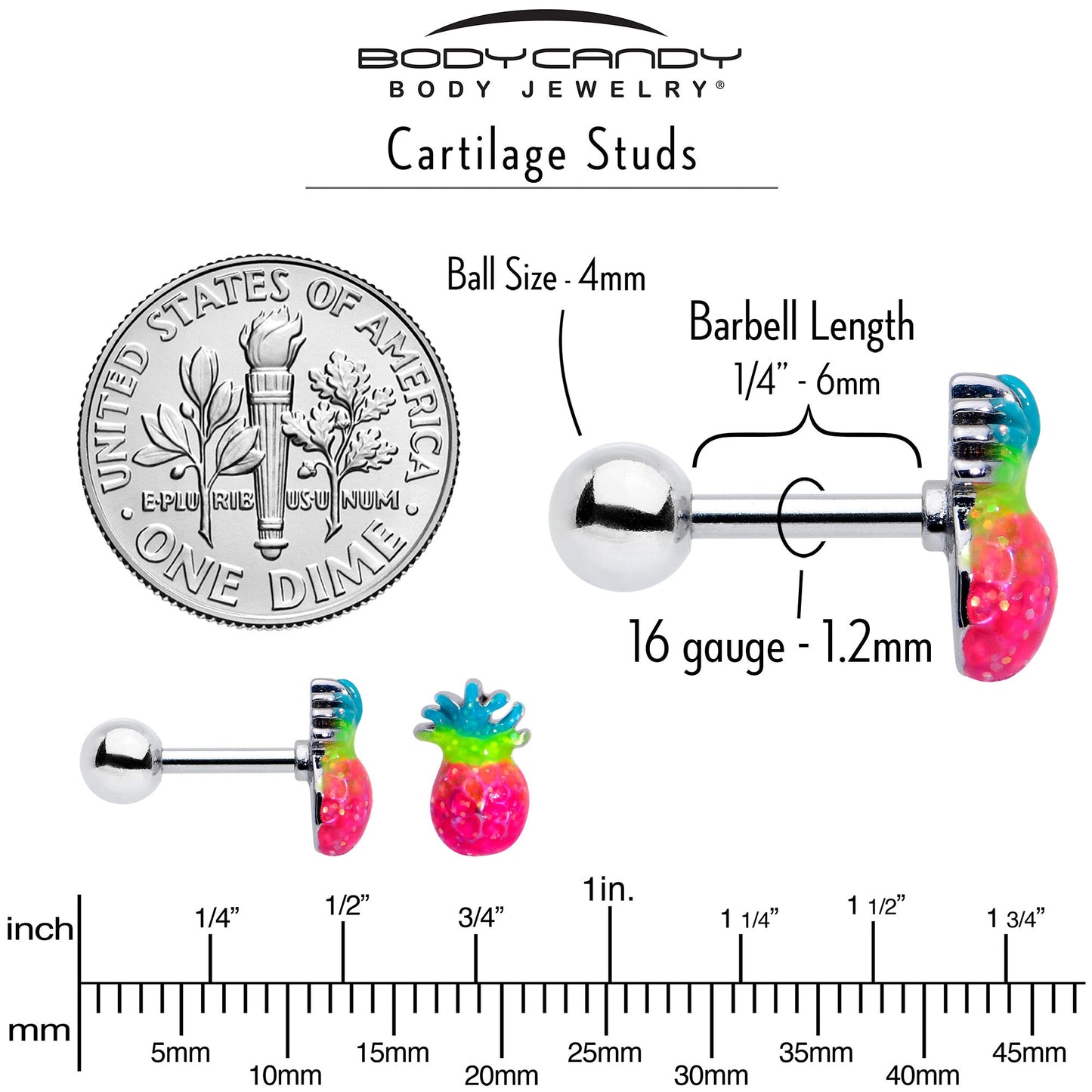 16G 1/4 Hot Tropical Pineapple Cartilage Tragus Earring
