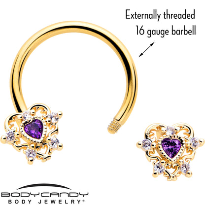 16G 3/8 Purple CZ Gem Gold Tone Heart of Love Horseshoe