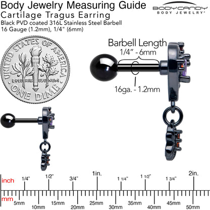 16G 1/4 Red CZ Gem Black Heart Spider Skull Dangle Cartilage Earring