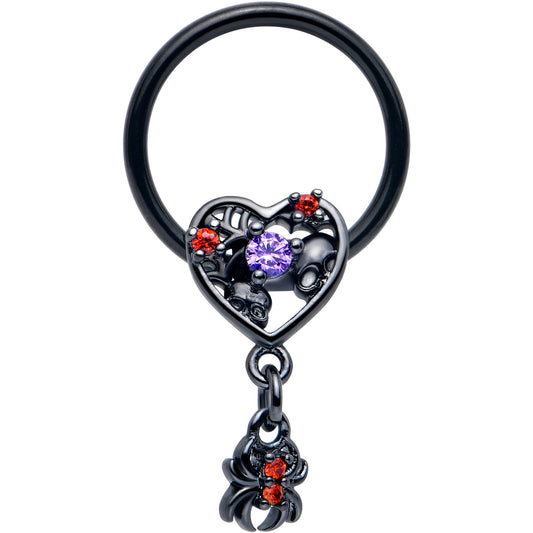 16G 3/8 Red CZ Gem Black Heart Spider Skull Dangle BCR Captive Ring