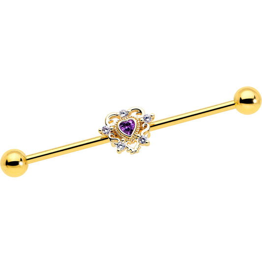 14G Purple CZ Gem Gold Tone Heart of Love Industrial Barbell 38mm