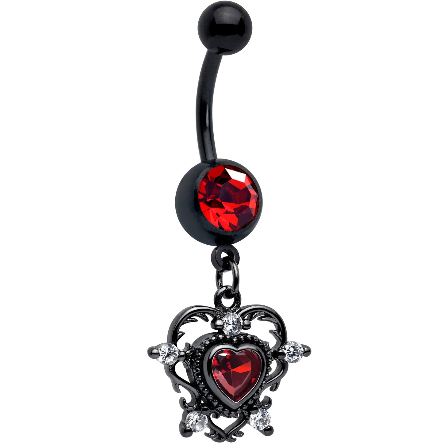 Red CZ Gem Black Double Heart Dangle Belly Ring