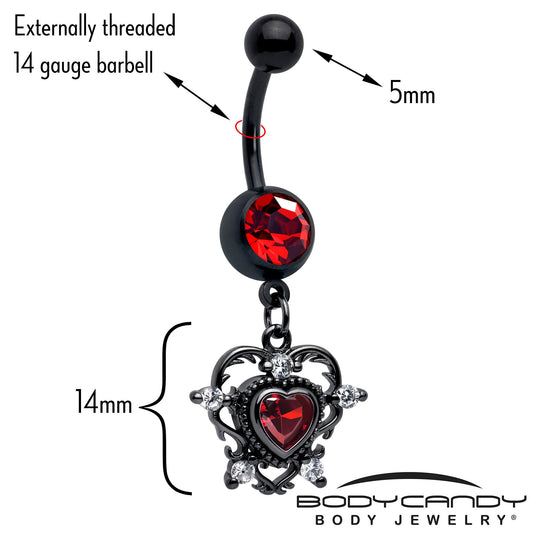 Red CZ Gem Black Double Heart Dangle Belly Ring