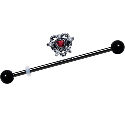 14G Red CZ Gem Black Double Heart Industrial Barbell 38mm