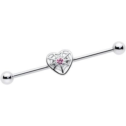 14G Pink Gem Spiderweb Heart Love Industrial Barbell 38mm