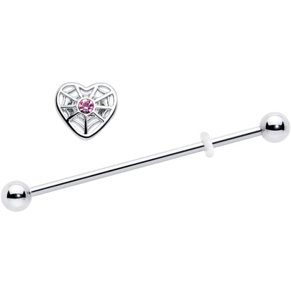 14G Pink Gem Spiderweb Heart Love Industrial Barbell 38mm