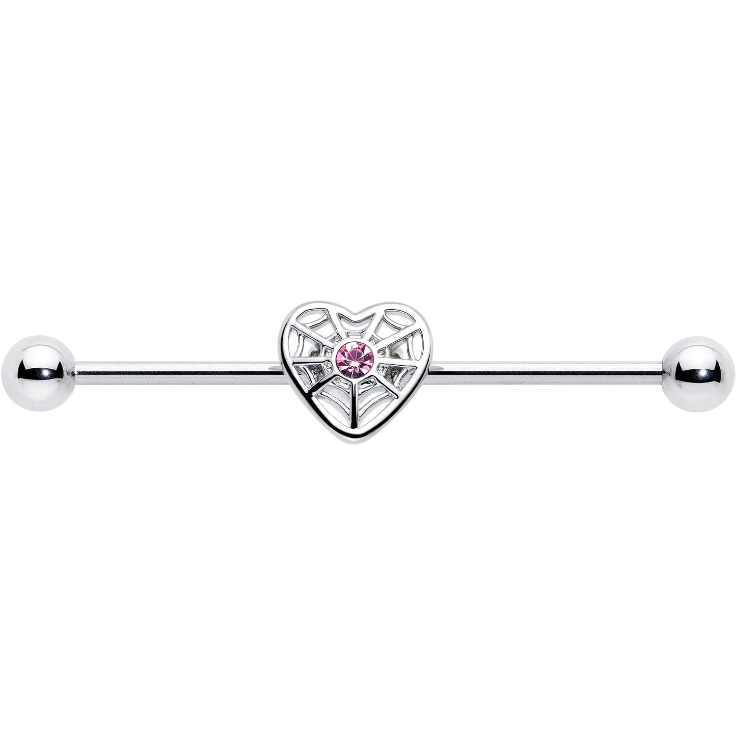 14G Pink Gem Spiderweb Heart Love Industrial Barbell 38mm