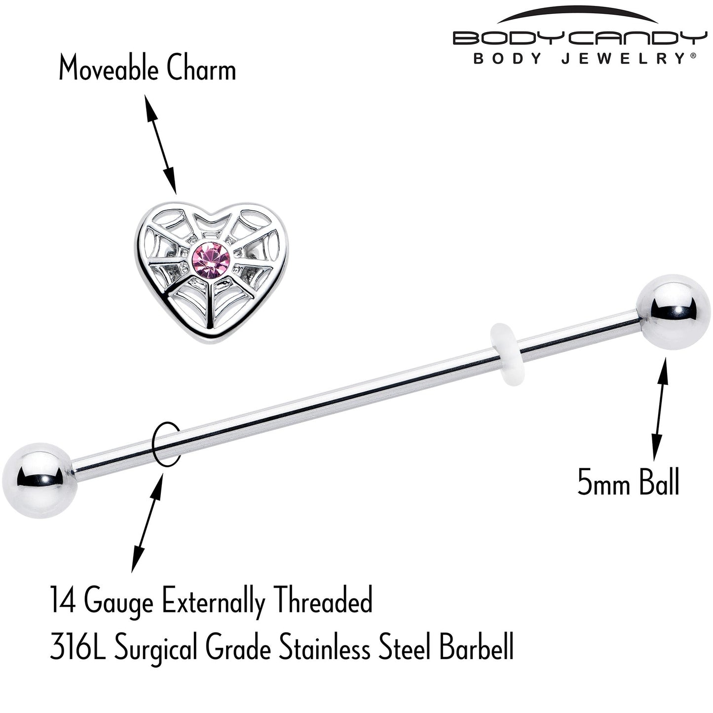 14G Pink Gem Spiderweb Heart Love Industrial Barbell 38mm