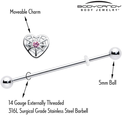 14G Pink Gem Spiderweb Heart Love Industrial Barbell 38mm
