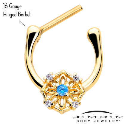 16G 5/16 Blue CZ Gem Gold Tone Flower Ring Cartilage Clicker