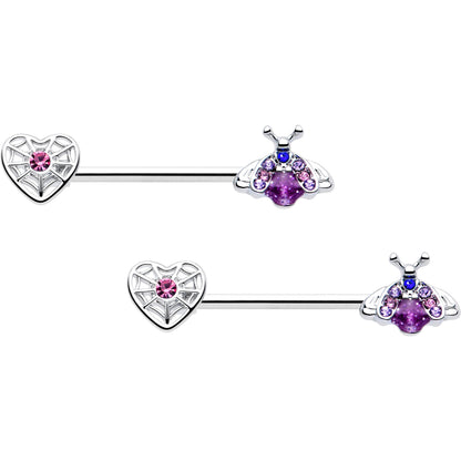 14G 9/16 Pink Blue Gem Spiderweb Heart Insect Barbell Nipple Ring Set