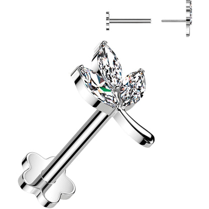 16G 1/4 CZ Gem Leaves Medical Grade Titanium Reversible Flat Back Earring
