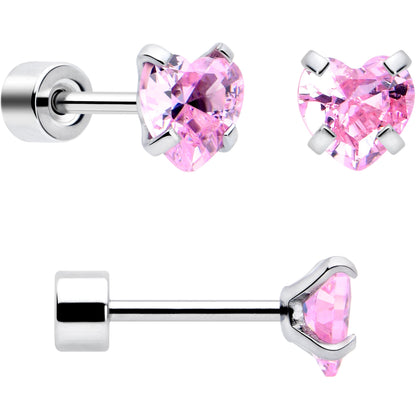 Pink Simplistic Heart Star CZ Flat Back Stud Earrings - 3 Pairs