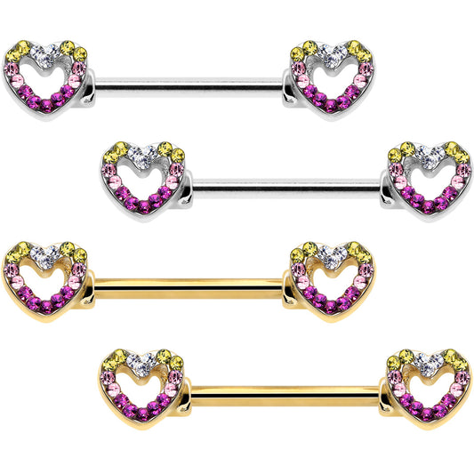 14G 9/16 Romance Gem Open Heart Barbell Nipple Ring Set