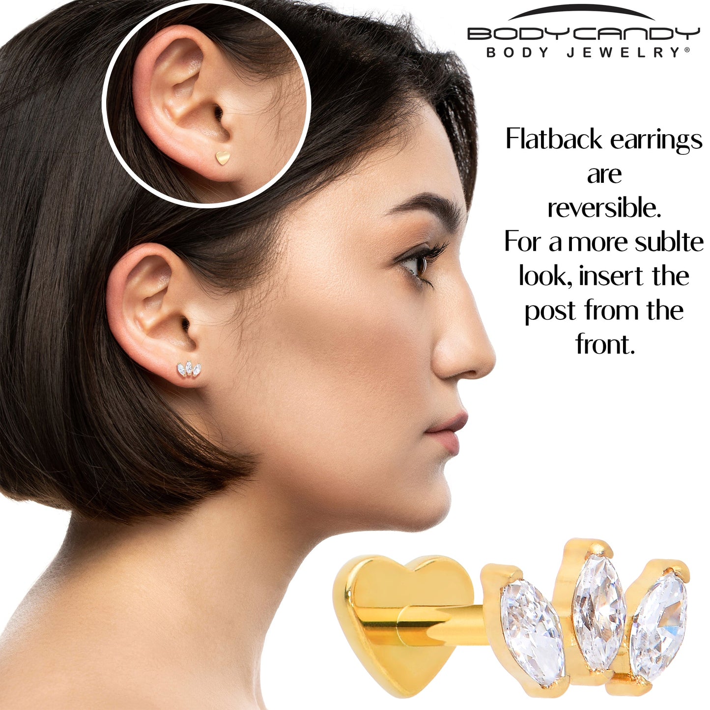 Titanium Flat Back Earring Trio Gem- 18G Threadless Reversible Heart