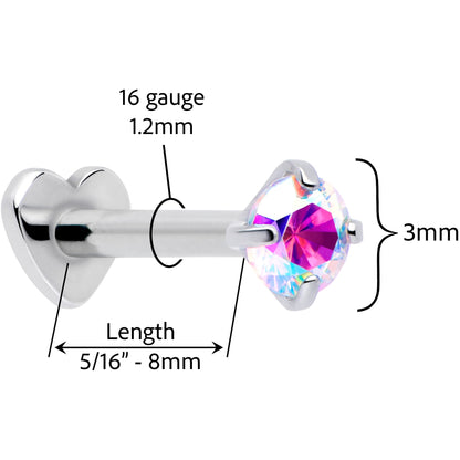 16G 5/16 Aurora CZ Implant Grade Titanium Threadless Reversible Heart Flatback Stud