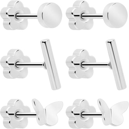 20G Bar Disc Butterfly Reversible Flower Flat Back Earring Set of 6