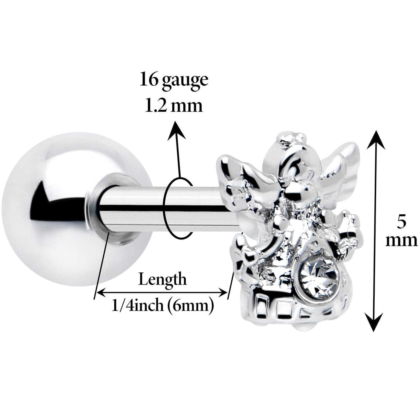 16G 1/4 Clear CZ Gem Fabulous Angel Cartilage Tragus Earring