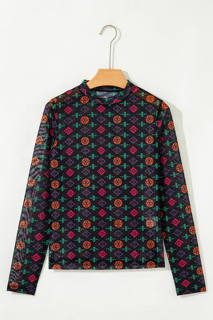 Western Aztec Mesh Long Sleeve Top