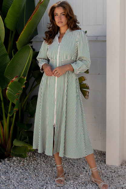 Stripe V-Neck Zip Front Midi Dress