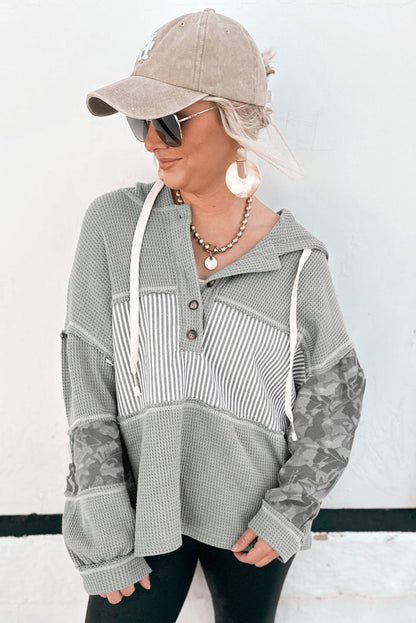 Stripe Waffle Patchwork Hooded Long Sleeve Top