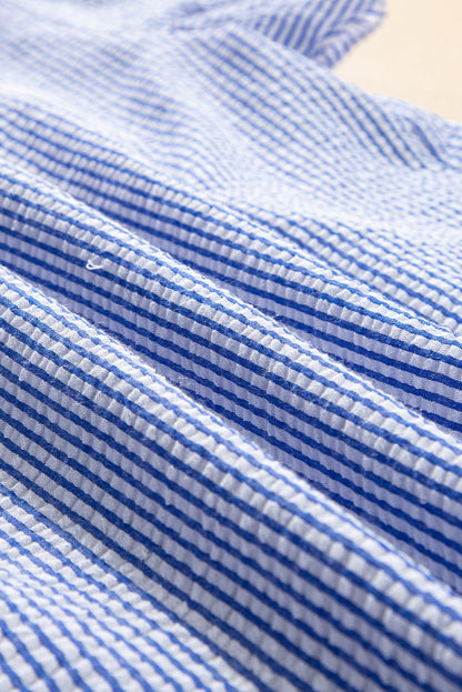 Stripe Textured Ruffle Short Sleeve Square Blouse