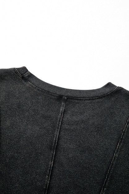 Solid Ribbed Knit Buttoned Long Sleeve Top