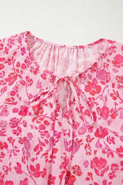 Floral Puff Sleeve Split Neck Lightweight Blouse