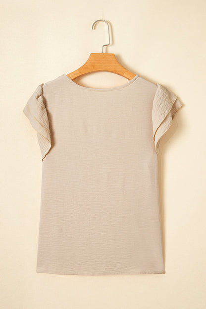 Solid Ruffle Short Sleeve Casual Blouse