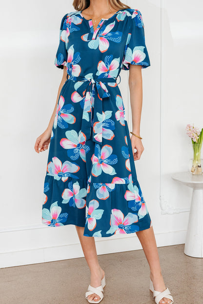 Floral Short Puff Sleeve Ruffle Belted Dress