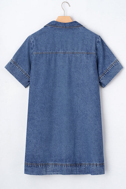 Solid Denim Collared Patch Pocket Mini Dress