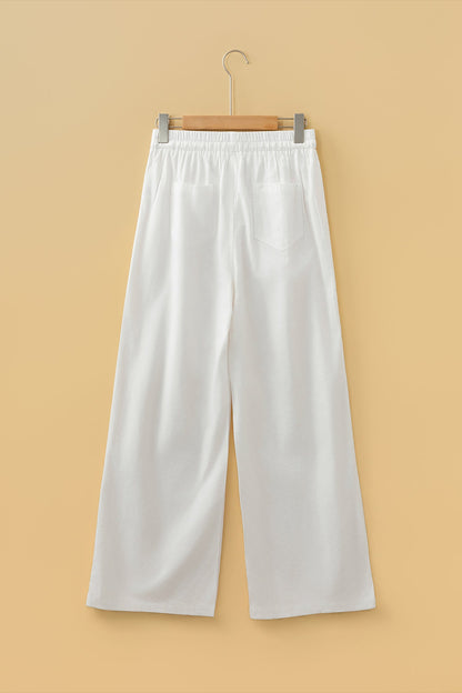 Drawstring Elastic Waist Button Pleated Wide Leg Pants