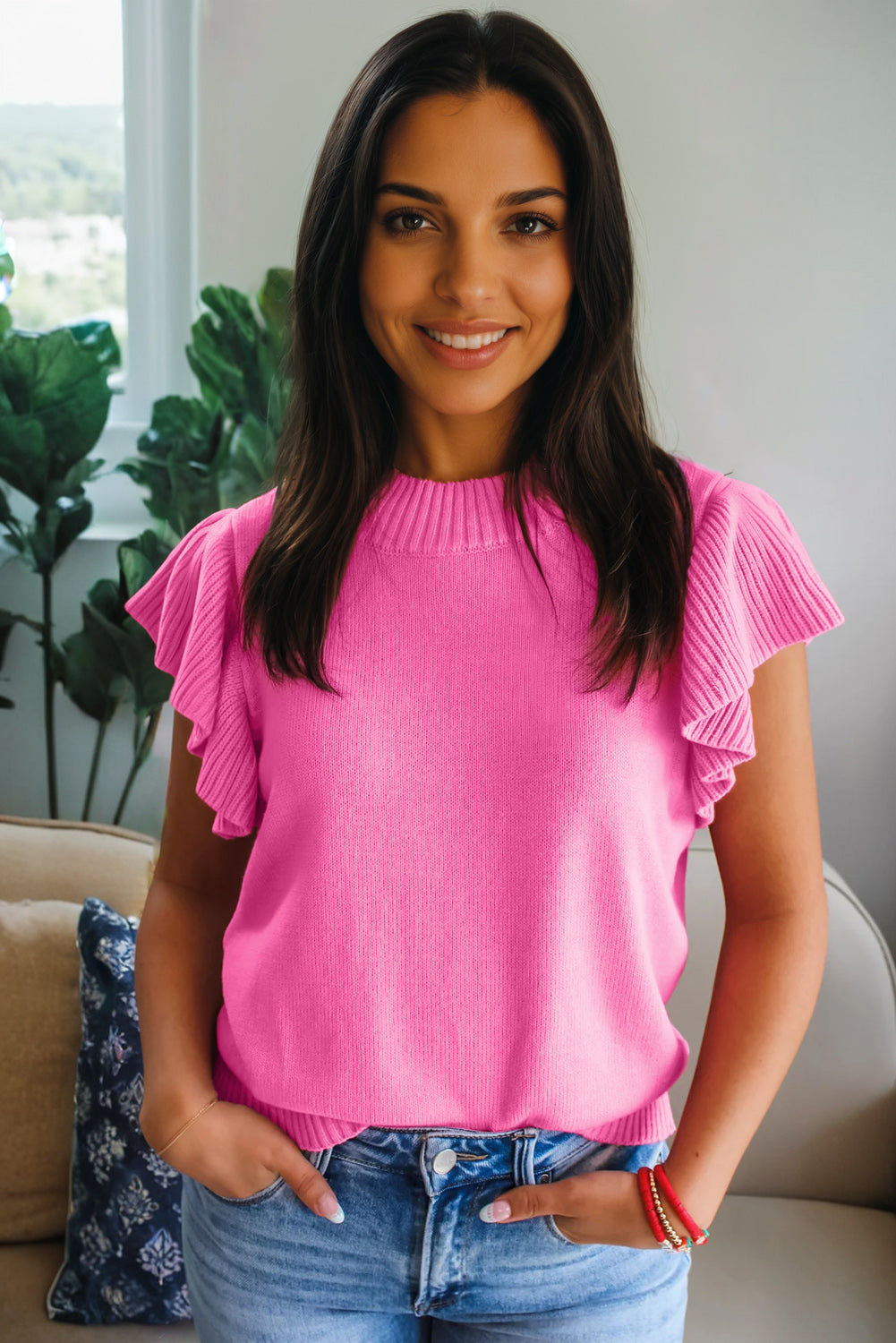 Solid Ruffle Sleeve Round Neck Ribbed Sweater