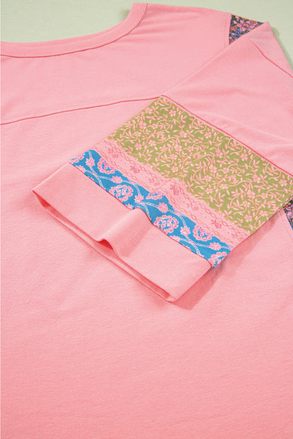 Floral Colorblock Patchwork 3/4 Sleeve Top