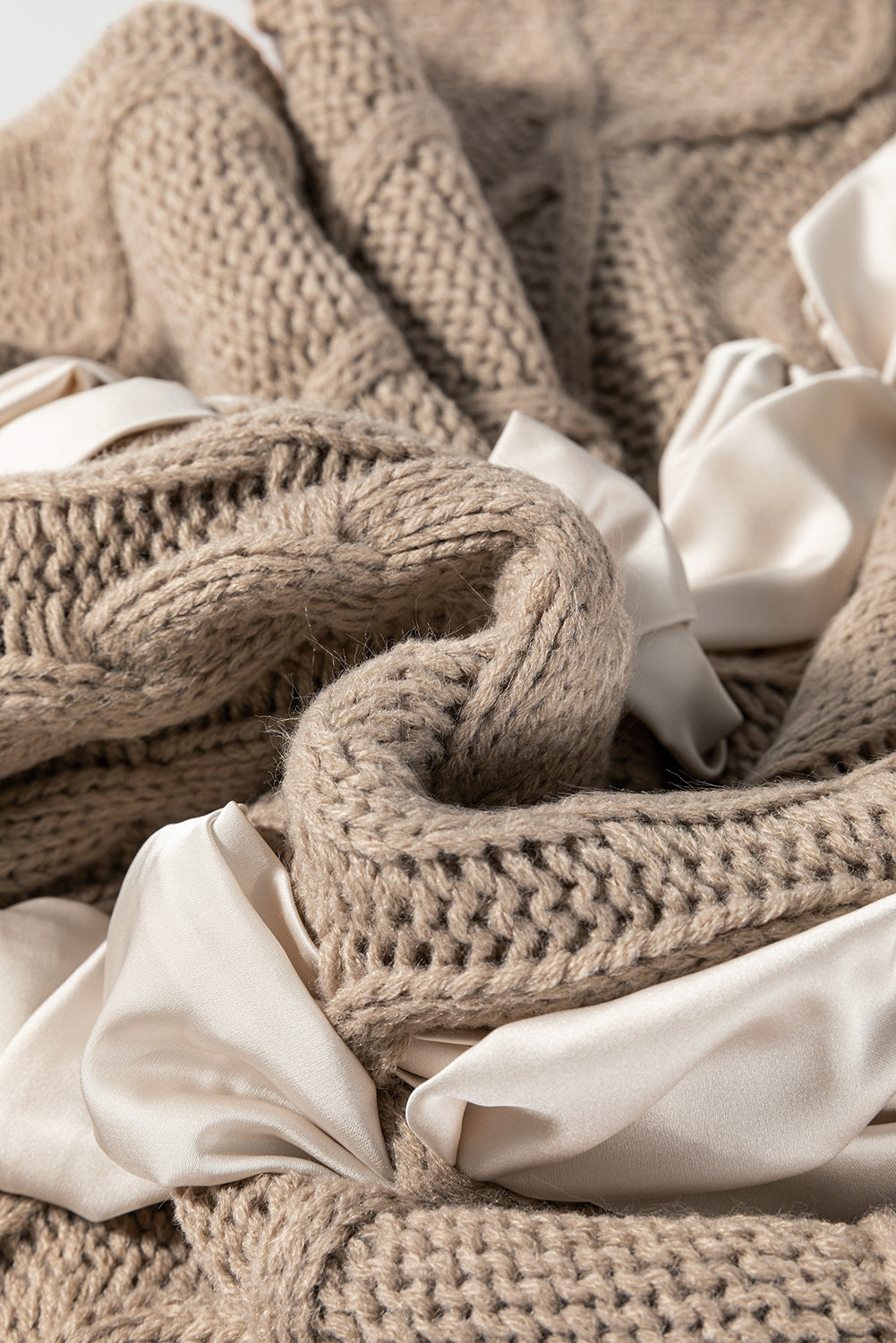 Cable Knit Colorblock Satin Bowknot Sweater