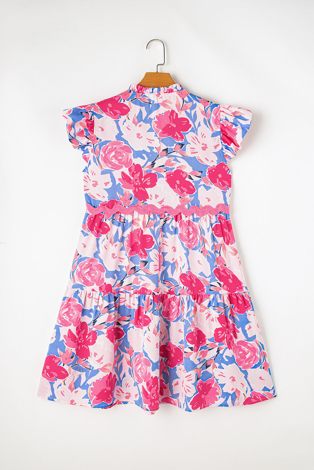 Floral V-Notch Ric-Rac Flutter Sleeve Dress