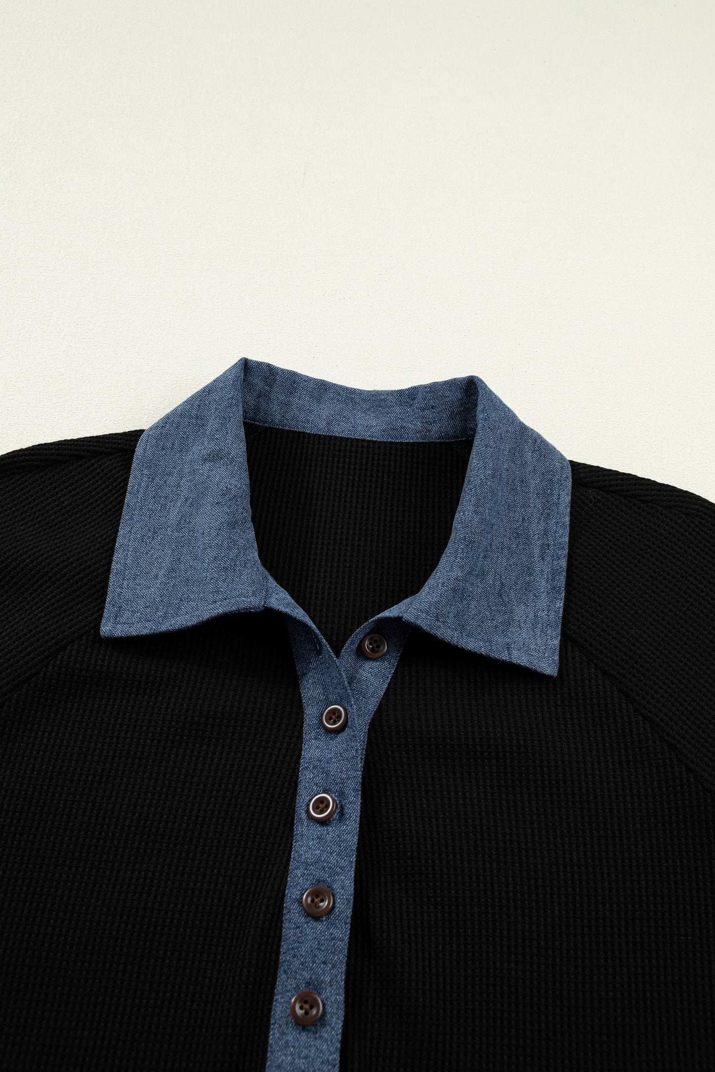 Textured Knit Denim Patchwork Polo Collar Top