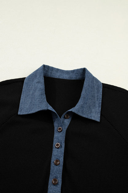 Textured Knit Denim Patchwork Polo Collar Top