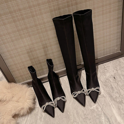 High Heel Rhinestone Sleeve Pointed Long And Short Black Boots