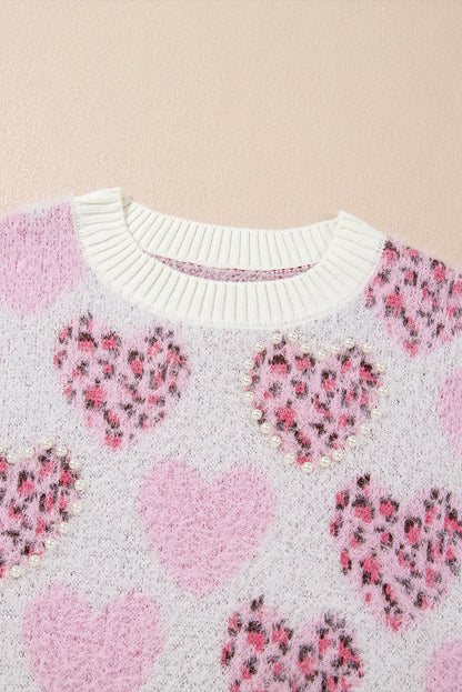 Valentine Leopard Heart Pearl Beaded Fuzzy Sweater